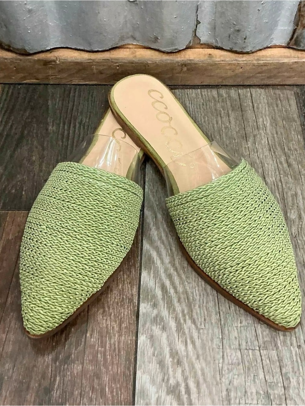 CCOCCI Light Green Woven Pointed-Toe Mules
